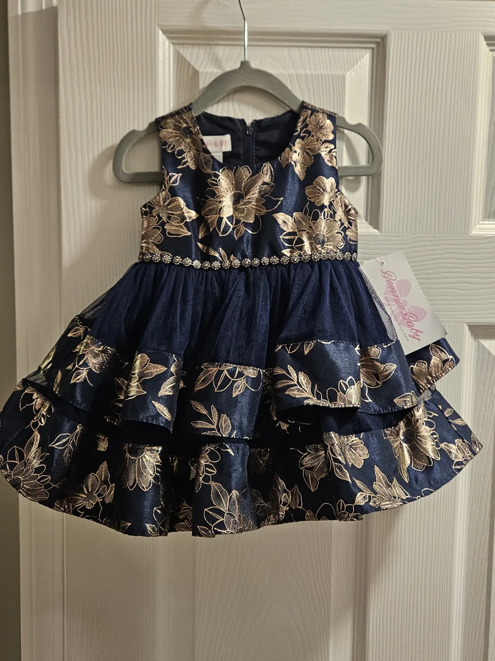 Bonnie Baby Girls 12M Navy Gold Floral Tiered Party Dress NWT